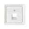 Biała kwadratowa puszka naścienna do kabla sieciowego, z centralnym otworem włazowym i małą okrągłą śrubą u góry.