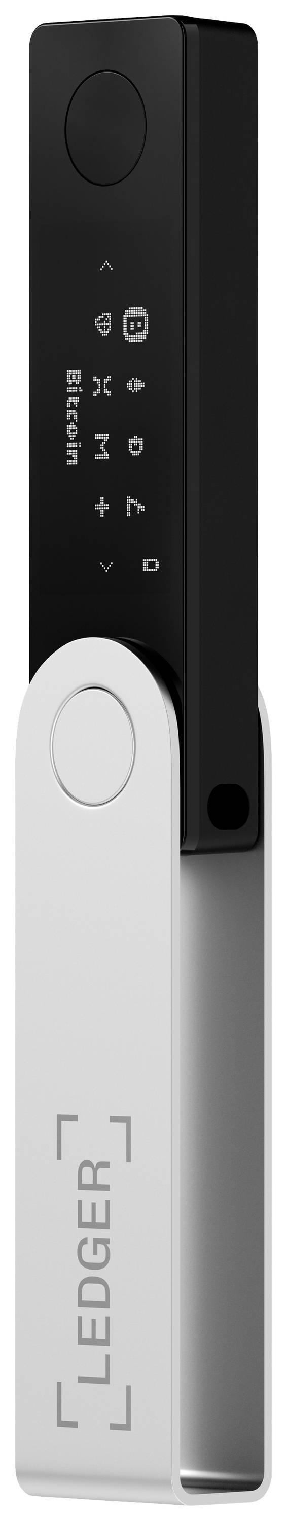 Czarny pendrive z napisem 'Ledger', znany z bezpiecznego przechowywania kryptowalut, takich jak Bitcoin.