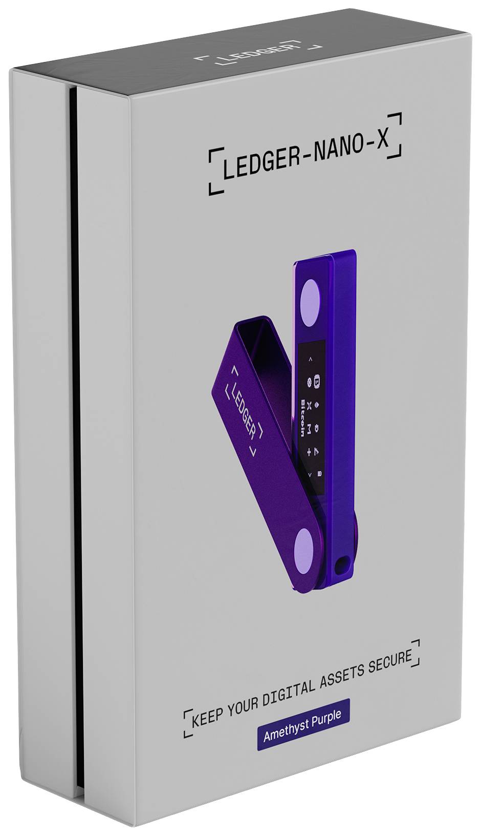 Opakowanie 'Ledger Nano X' w ametystowofioletowym kolorze, podkreślające cyfrowe bezpieczeństwo kryptowalut.