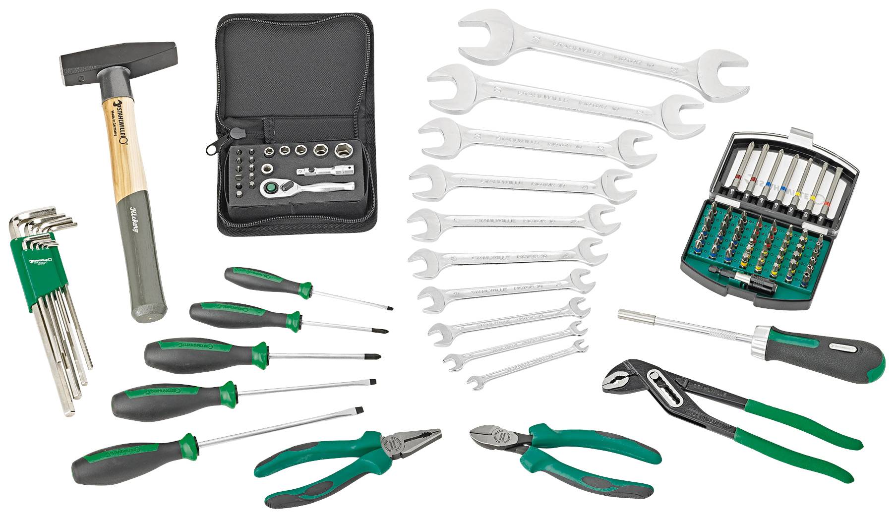 Zestaw narzędzi obejmujący młotek, klucze imbusowe, śrubokręty, szczypce, klucze do śrub oraz zestaw kluczy nasadowych, wszystko zapakowane w jednej torbie.
