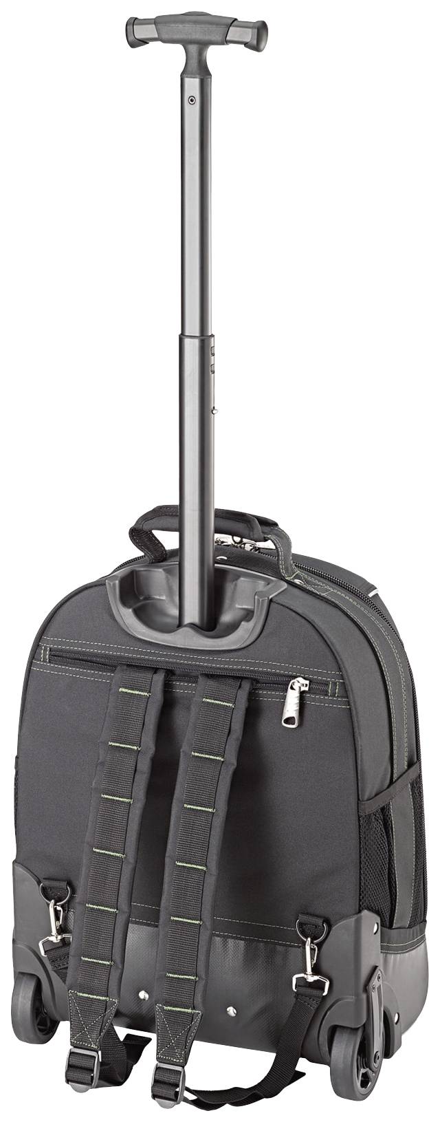 Czarny plecak z wysuwną rączką i kółkami, wyposażony w regulowane paski na ramiona, ustawiony pionowo na jasnym tle.