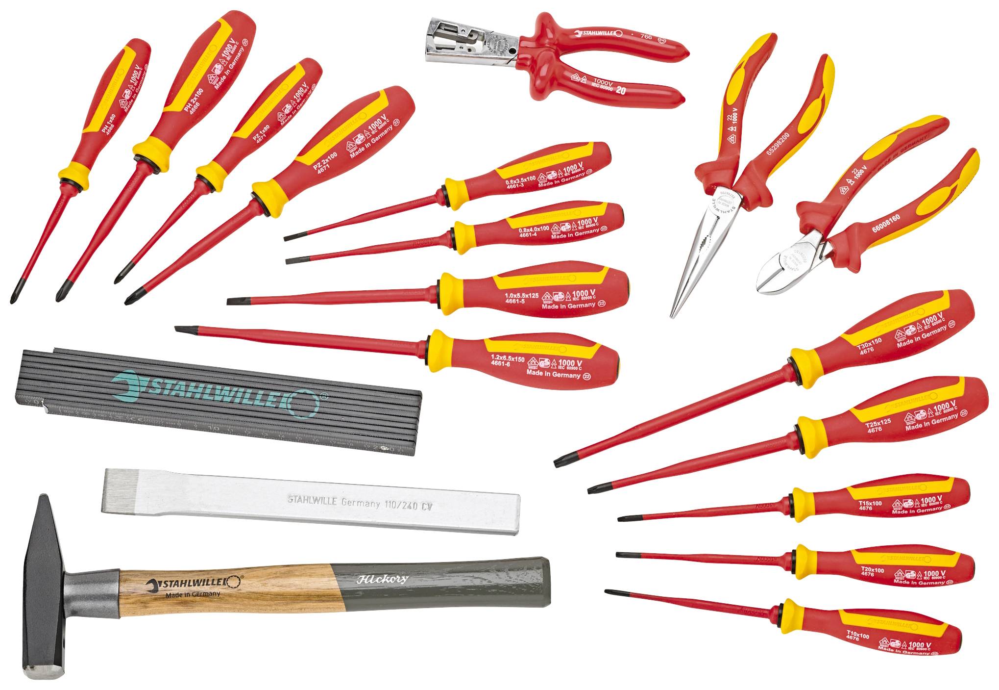 Zestaw narzędzi izolowanych składający się ze śrubokrętów, szczypiec, młotka i pilników, specjalnie przeznaczony do prac elektrycznych.