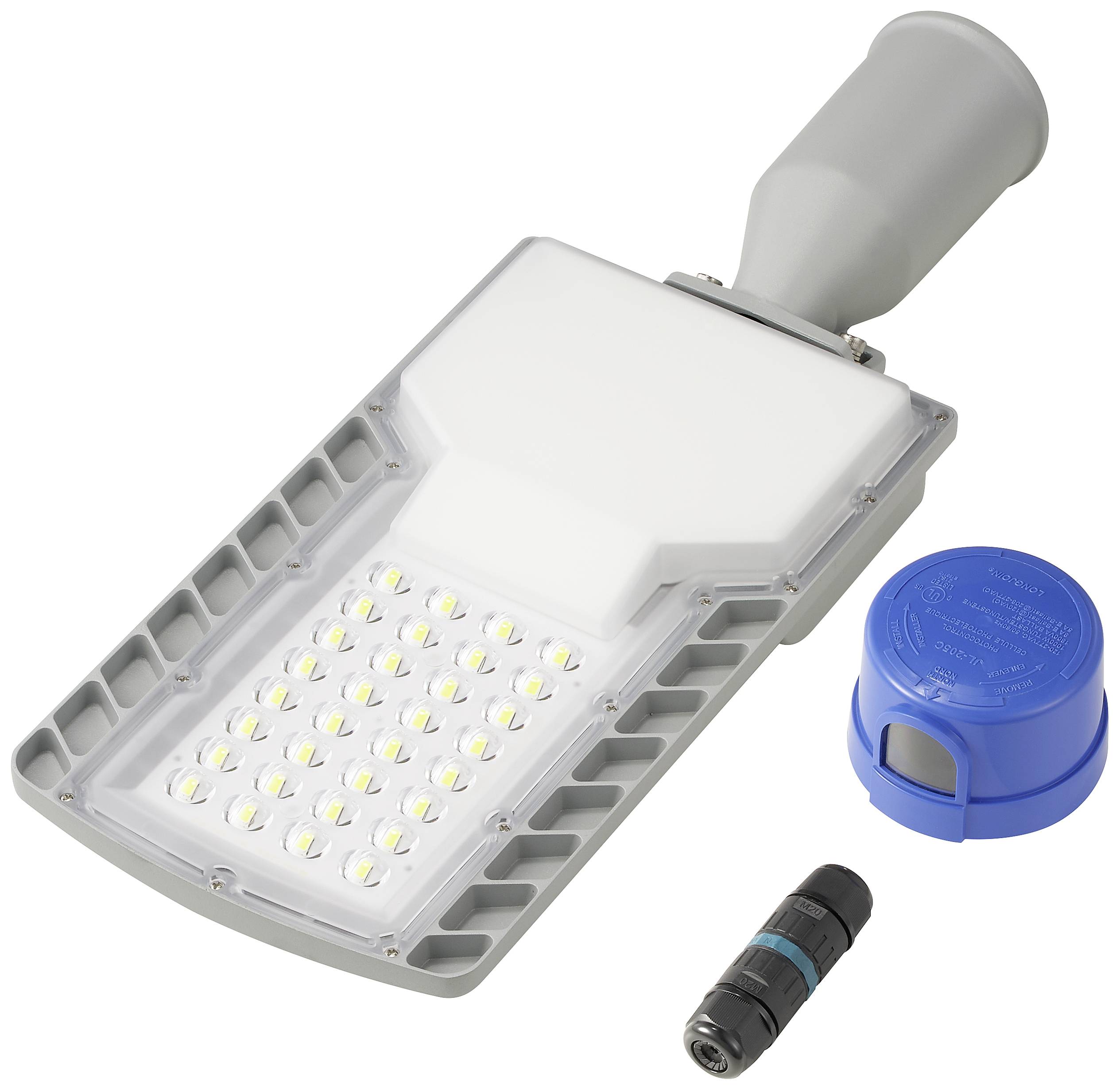 Szara lampa uliczna LED z wieloma małymi diodami, obok niebieska nasadka ochronna i mały czarny cylinder.