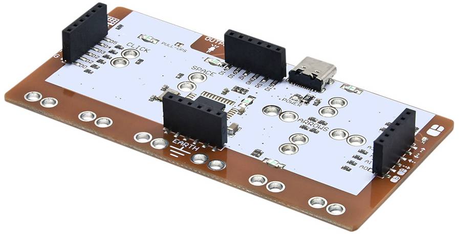 Zestaw rozwojowy mikrokontrolera z interfejsem USB, wieloma pinami i oznaczeniami dla połączeń czujników oraz sterowania.