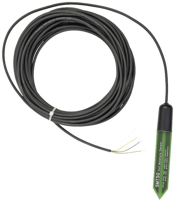 Czujnik wilgotności gleby w zielonym obudowie z długim czarnym przewodem mierzy wilgotność gruntu do zastosowań rolniczych.
