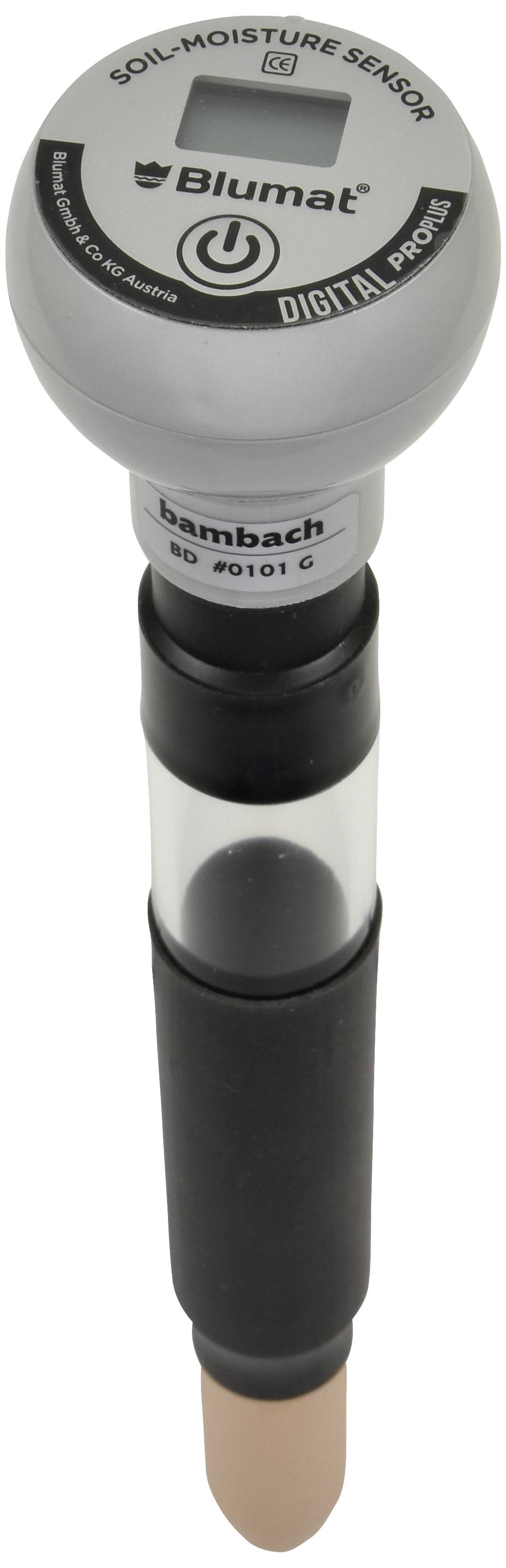 Czujnik wilgotności gleby Blumat z wyświetlaczem cyfrowym i końcówką gruntową, odpowiedni do monitorowania wilgotności gleby w rabatach i grządkach.