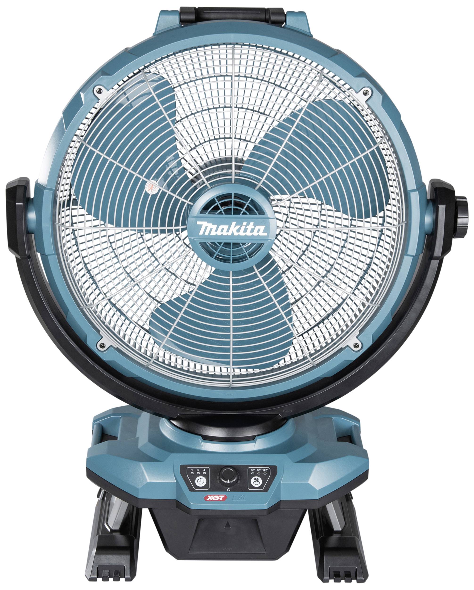 Przenośny, turkusowy wentylator marki Makita, zamontowany na podstawce, prezentuje duże szczeliny wentylacyjne i elementy sterujące na dolnej części obudowy.