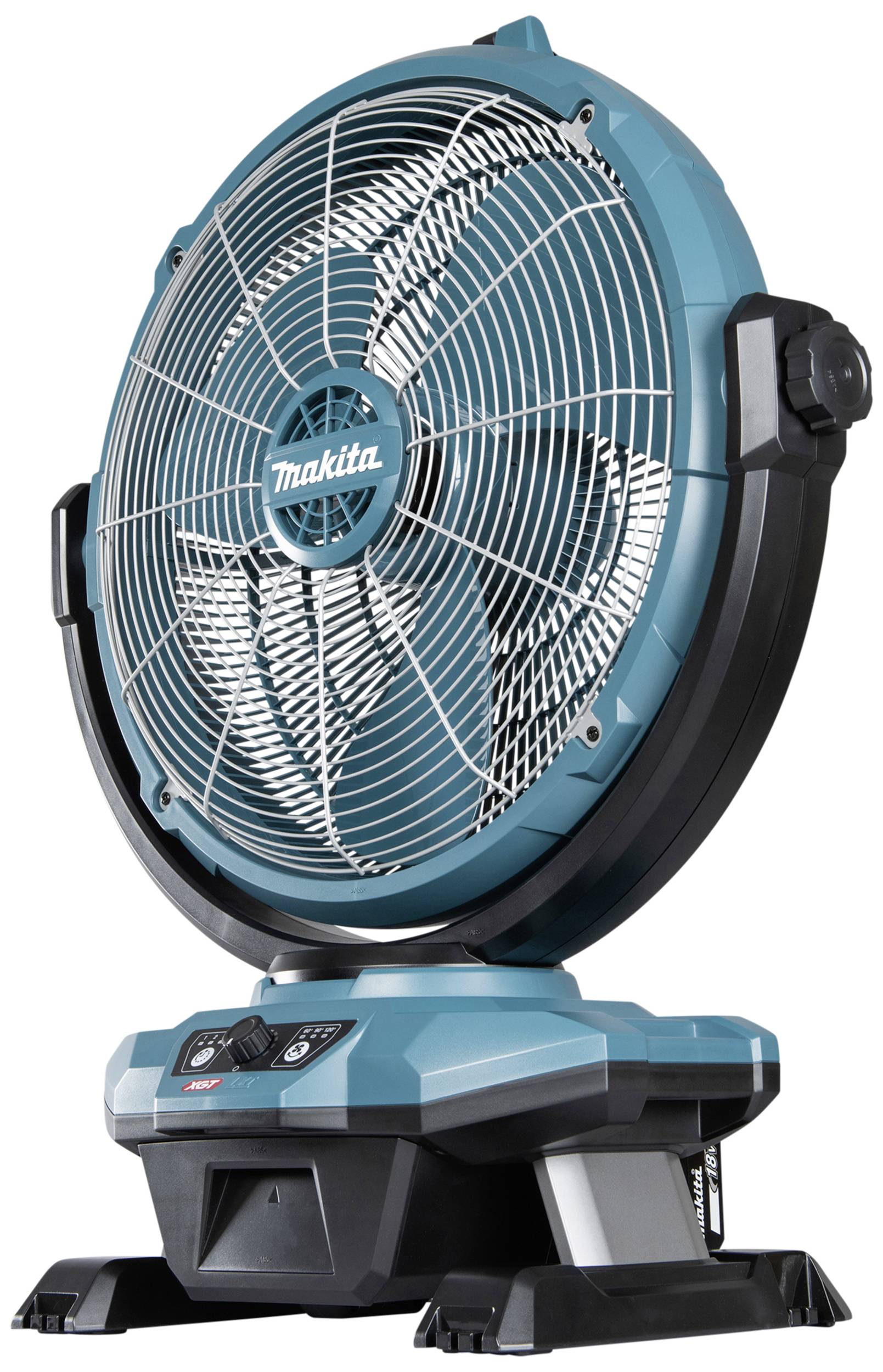 Niebieski, przenośny wentylator z osłoną kratową, umieszczony na stabilnej podstawie; widoczne logo marki "Makita" na wentylatorze.