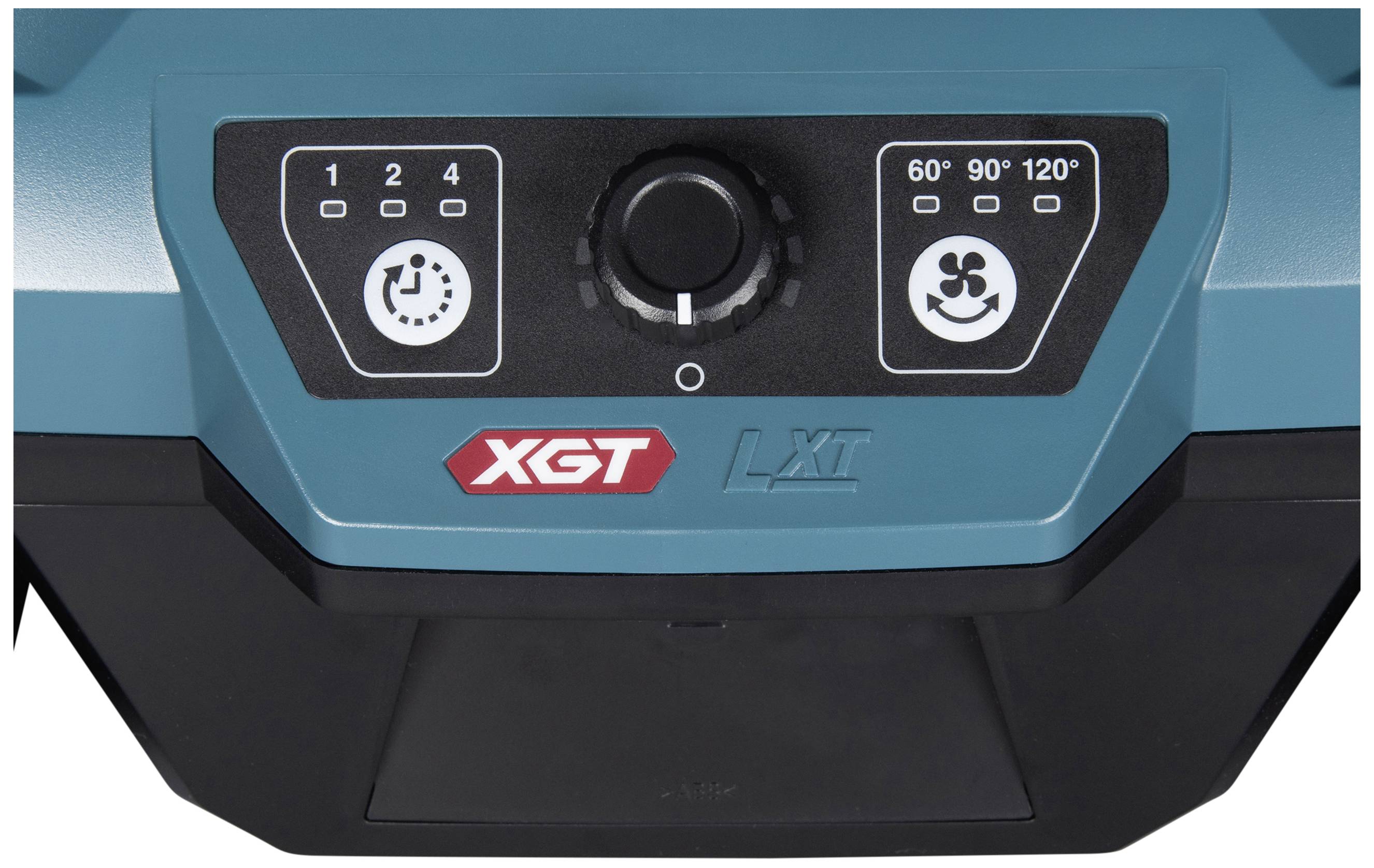 Panel sterujący urządzenia z pokrętłem regulacyjnym, dwoma przyciskami i symbolami ustawienia prędkości. Oznaczenie 'XGT' i 'LXT'.