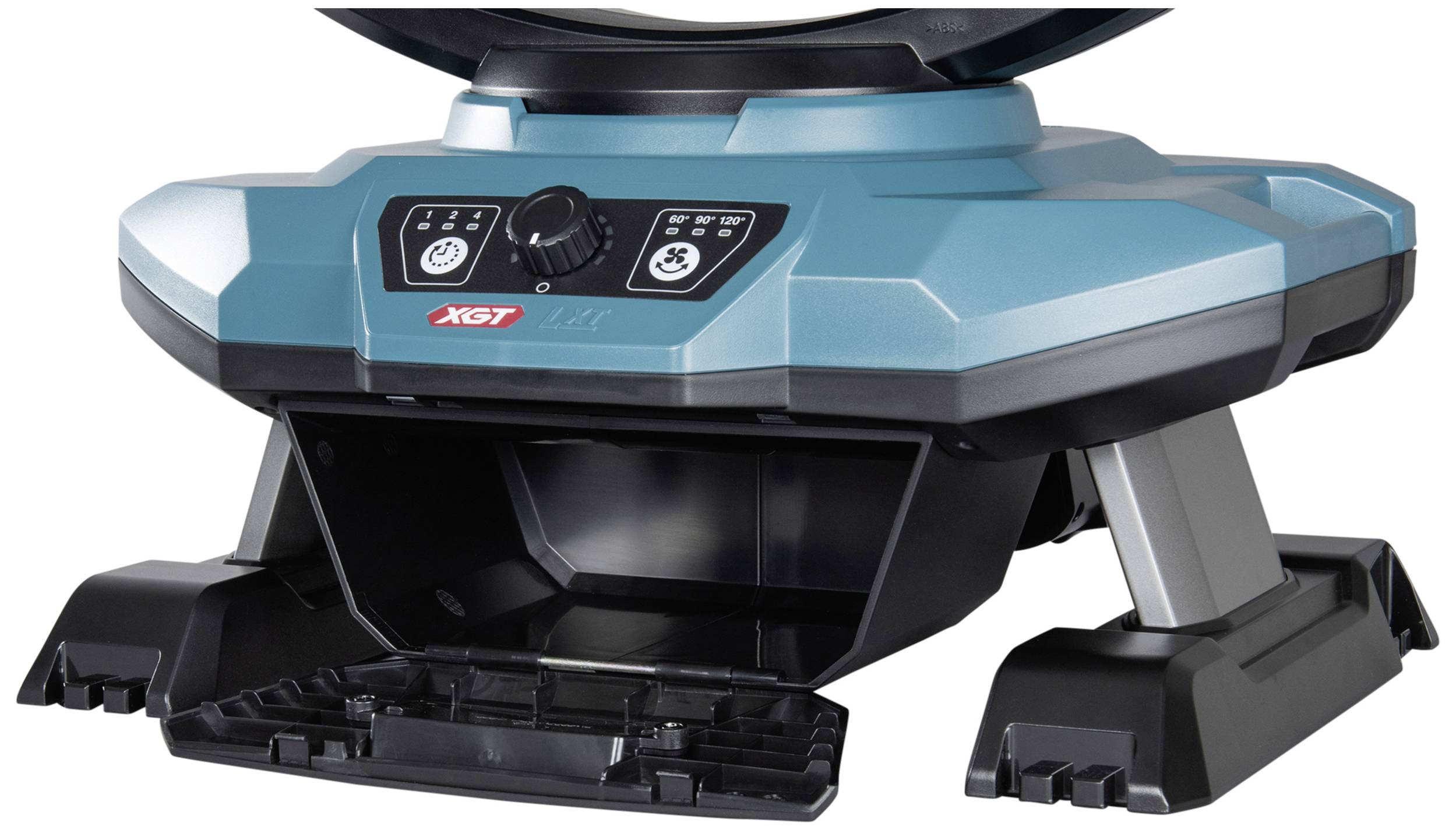 Niebieskie urządzenie z dwoma regulatorami i wyświetlaczem na przedniej części. Stoi na solidnej, stabilnej podstawie.