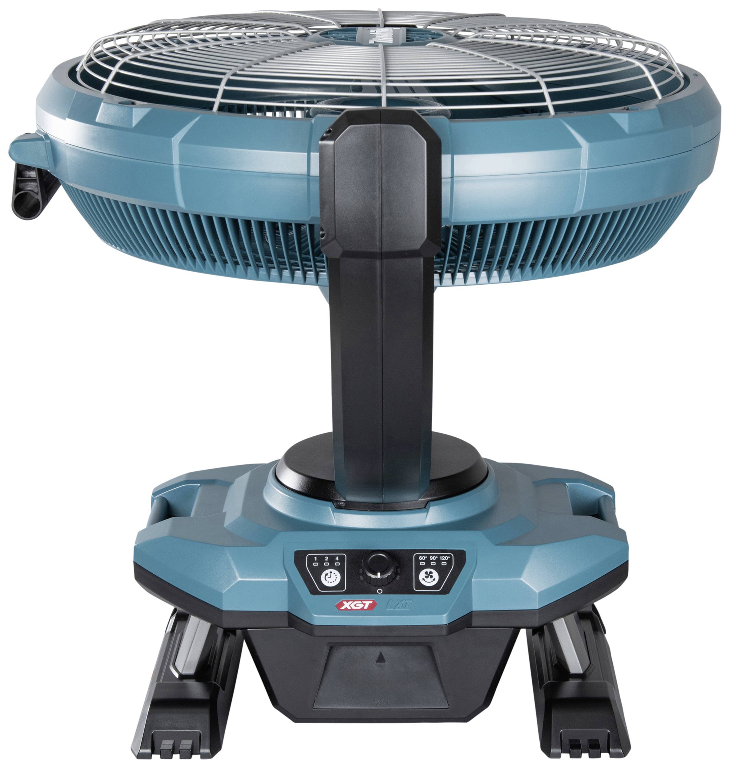 Niebieski, przenośny wentylator przemysłowy o wytrzymałej konstrukcji, zamontowany na stabilnej podstawie, przeznaczony do użytku w dużych pomieszczeniach.