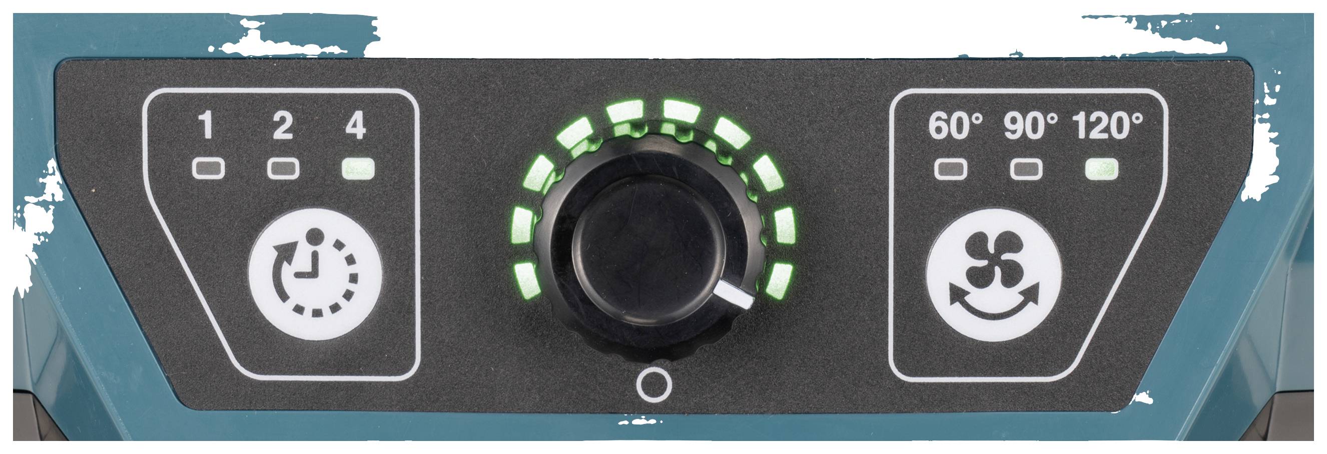 Panel sterujący maszyny z centralnym pokrętłem regulacyjnym, ustawieniami 1-4 po lewej stronie oraz wyborem temperatury 60°, 90°, 120° po prawej stronie.