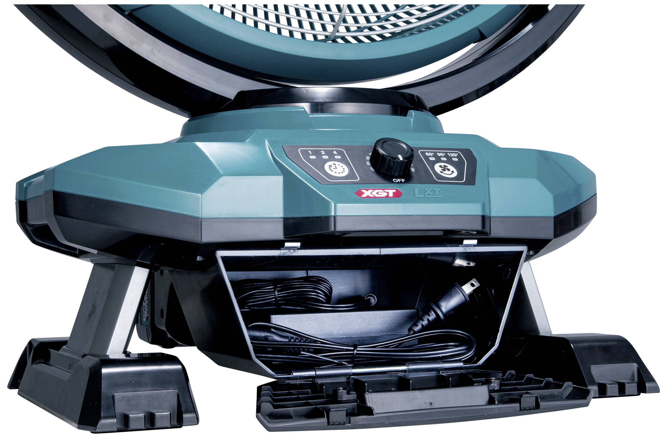 Zielona kolumna sterująca z pokrętłem sterowania i schowkiem na kabel. Posiada cztery stabilne nóżki i kratkę wentylacyjną na górze.