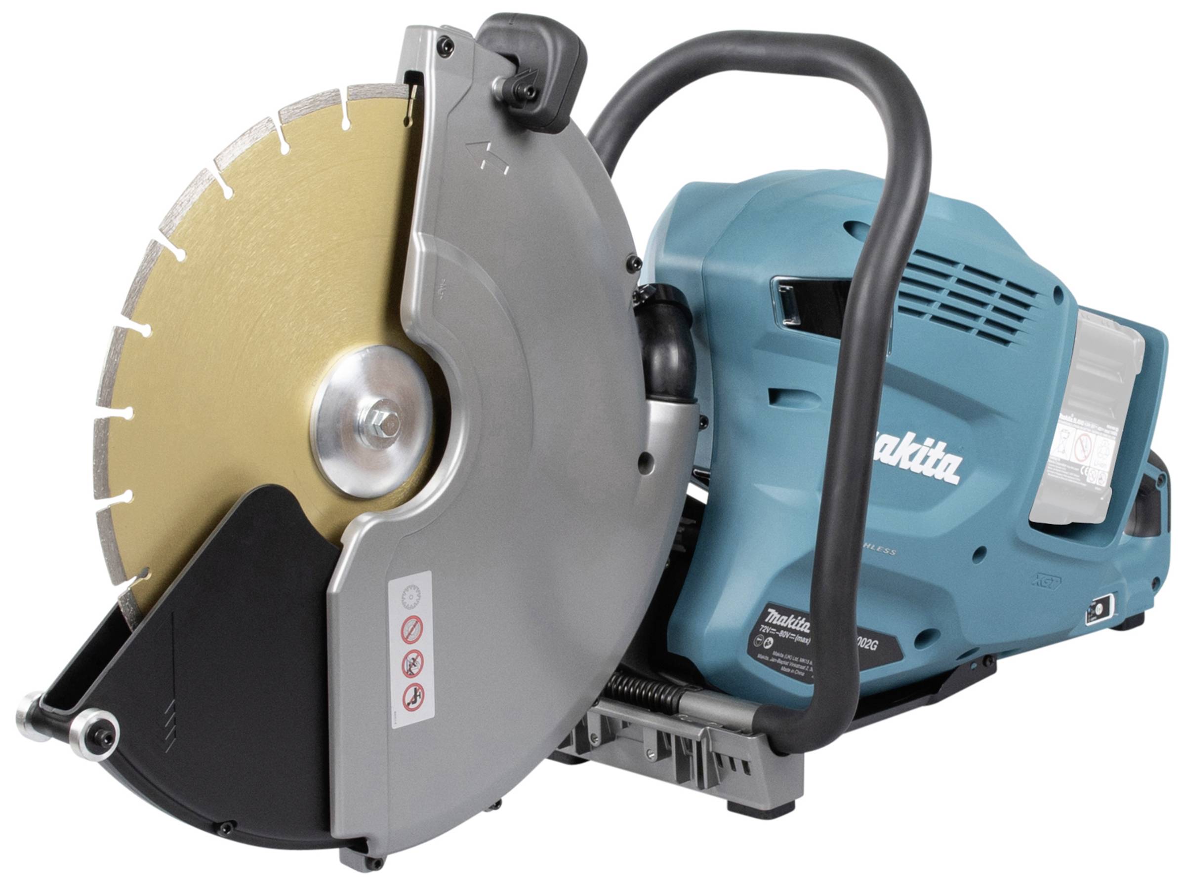 Elektryczna ręczna pilarka tarczowa z dużą, okrągłą tarczą tnącą i niebieską obudową. Marka jest widoczna na obudowie.