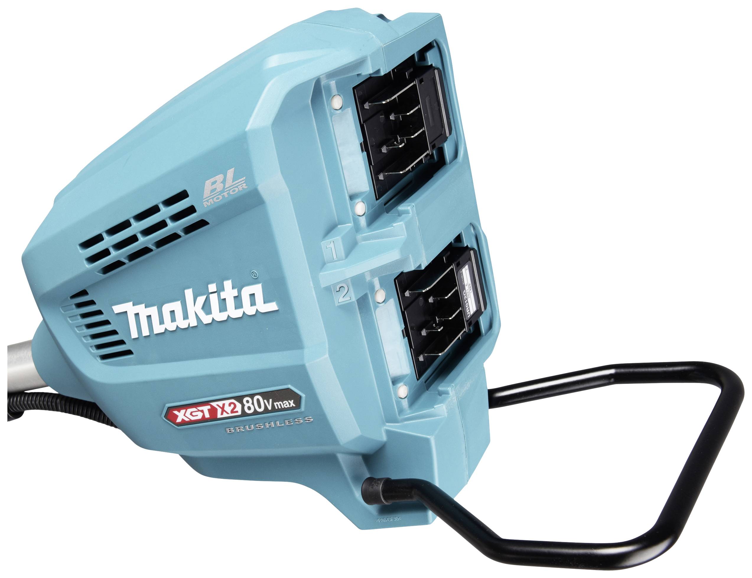 Podwójne pudełko akumulatorowe maszyny elektrycznej w kolorze niebieskim z logo 'Makita', prezentujące dwa gniazda baterii systemu 80V Max XGT.