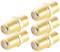 Sześć złotych adapterów koaksjalnych z podwójnym żeńskim złączem, ułożonych w ukośnej formacji.