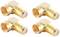 Cztery złote adaptery antenowe pod kątem prostym, ułożone symetrycznie, odpowiednie do podłączenia przewodów koncentrycznych w urządzeniach elektronicznych.