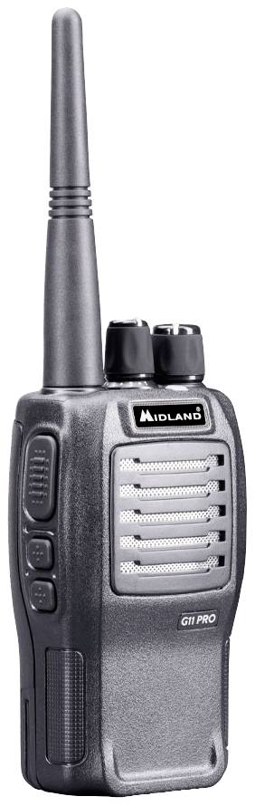 Czarne radiotelefonem z dwoma pokrętłami i długą anteną, model 'Midland G11 Pro', jest przedstawiony.
