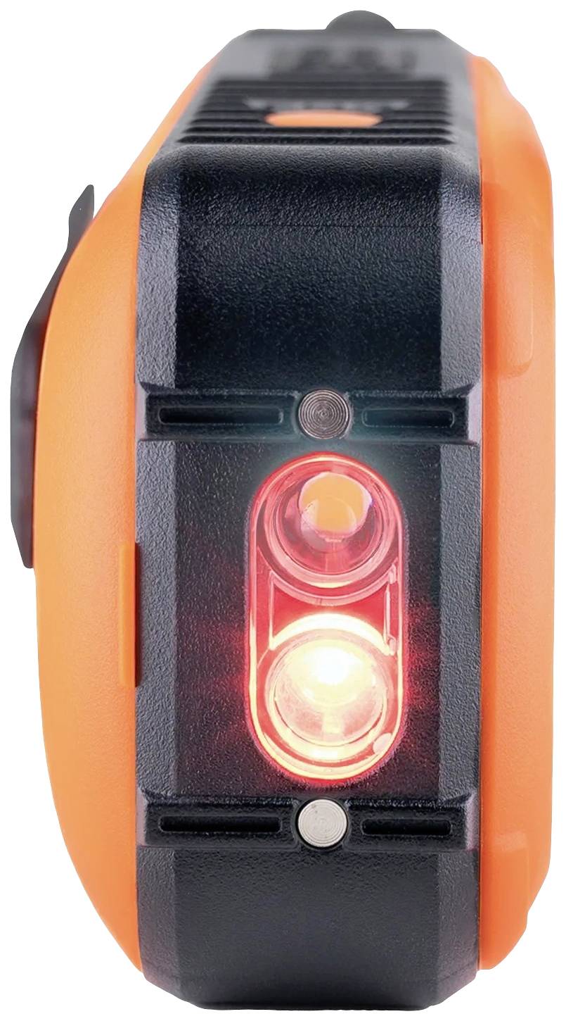 Pomarańczowo-czarne urządzenie elektroniczne z dwoma świecącymi czerwonymi czujnikami na przedniej stronie.