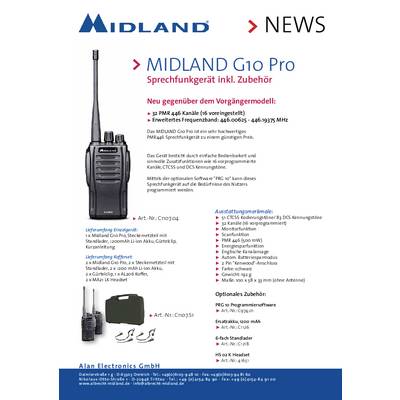 Krótkofalówka Midland G10 Pro z wyposażeniem, kluczowe cechy: 32 kanały, rozszerzone częstotliwości, udoskonalony design. Zdjęcia produktu i lista akcesoriów w zestawie.