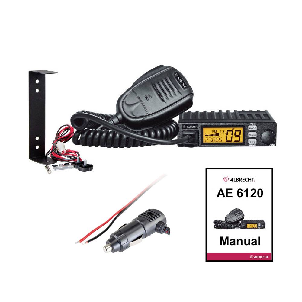 Radiotelefon Albrecht AE 6120 z mikrofonem, uchwytem, przewodem i instrukcją obsługi.