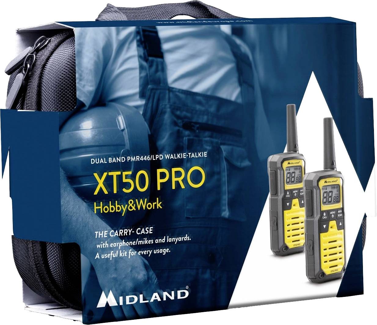 Zestaw krótkofalówek Midland XT50 PRO w opakowaniu z etui transportowym, wyposażony w słuchawki/mikrofony oraz smycze, odpowiedni do użytku hobbystycznego i zawodowego.