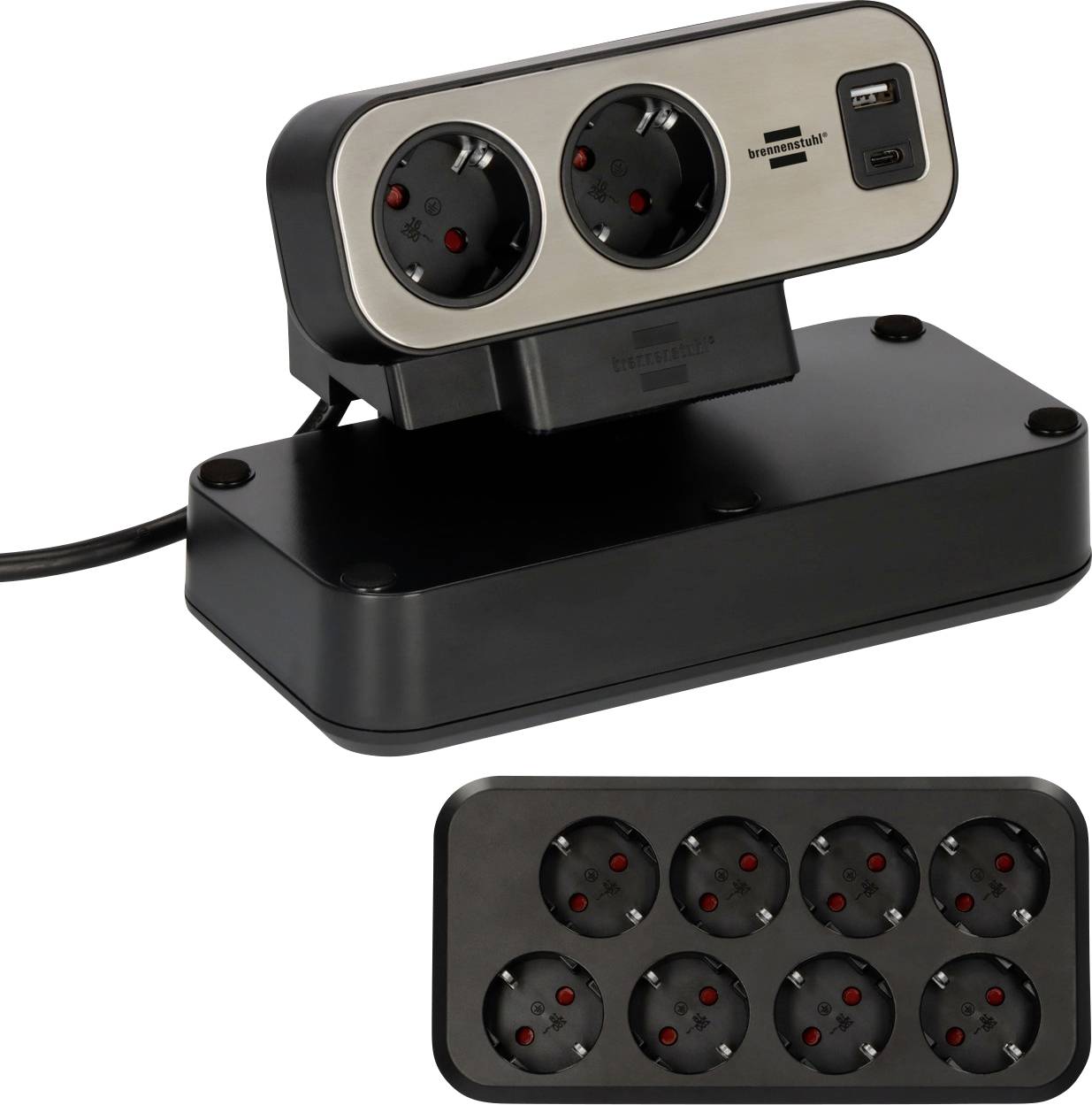 Czarno-srebrny przedłużacz z dwoma uziemionymi gniazdami i dwoma portami USB, pokazany z oddzielnym panelem gniazda z ośmioma wyjściami na białym tle.