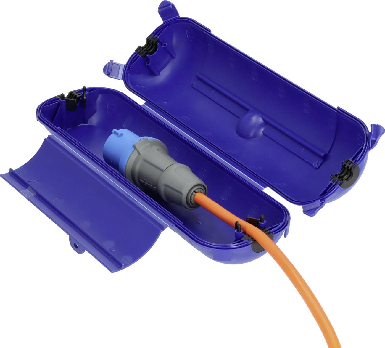 Przedłużacz w wodoodpornej, niebieskiej skrzynce z tworzywa sztucznego z pomarańczowym przewodem, przeznaczony do użytku na zewnątrz.