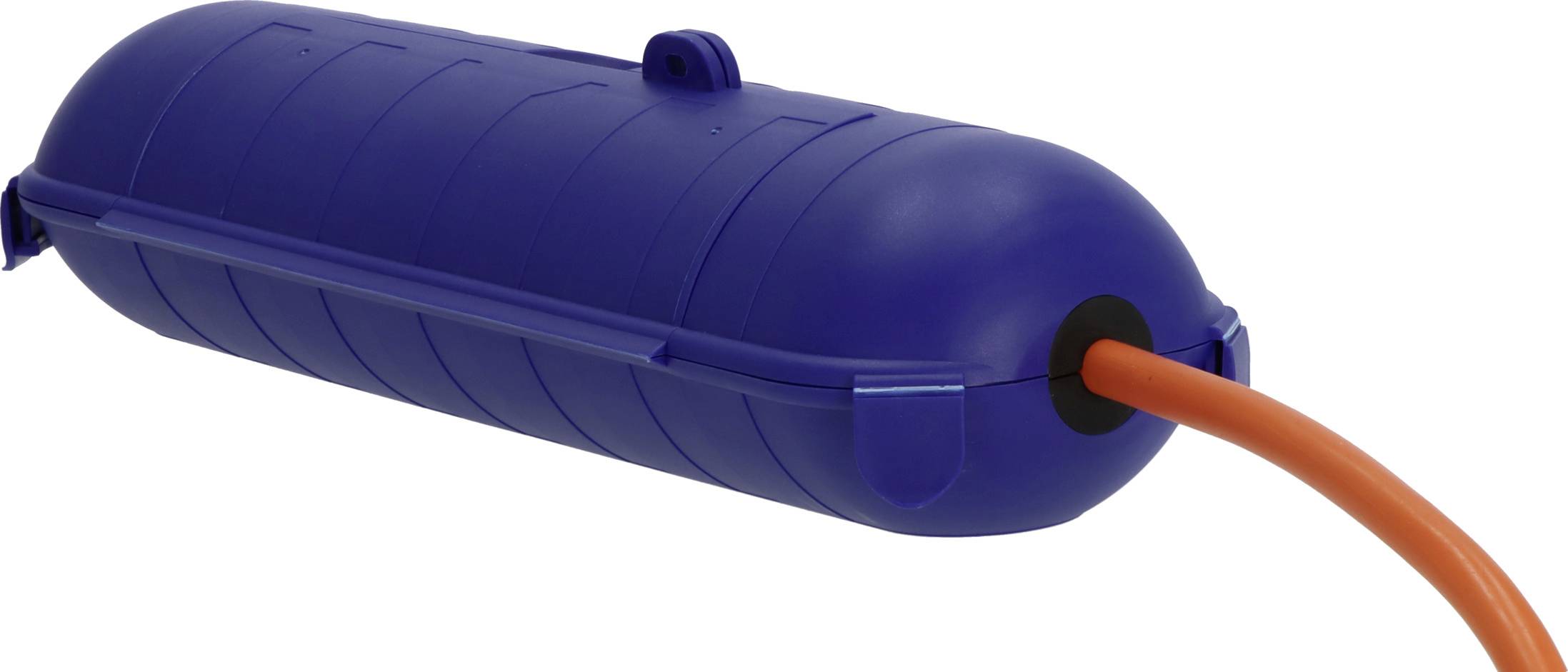 Niebieski, cylindryczny kabel ochronny do użytku na zewnątrz z włożonym pomarańczowym przewodem.