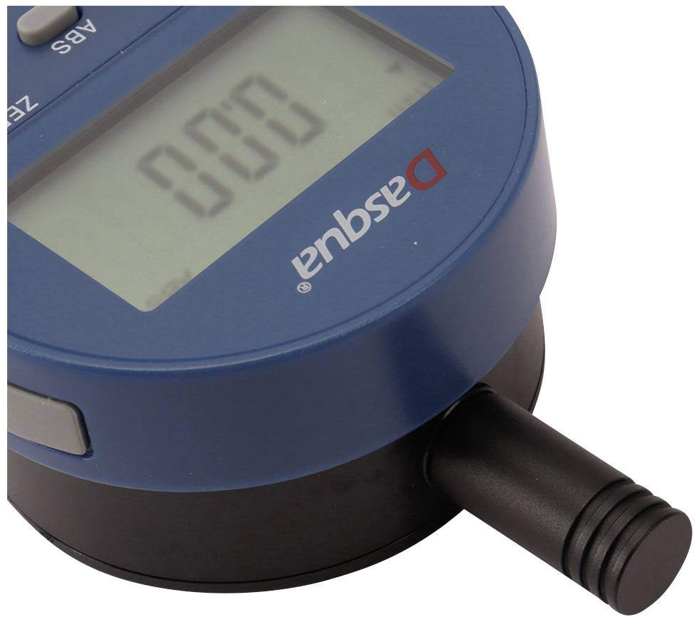 Cyfrowy suwmiarz z wyświetlaczem pokazującym liczbę '000'. Obudowa w kolorach niebieskim i czarnym, widoczna marka 'Dasqua'.