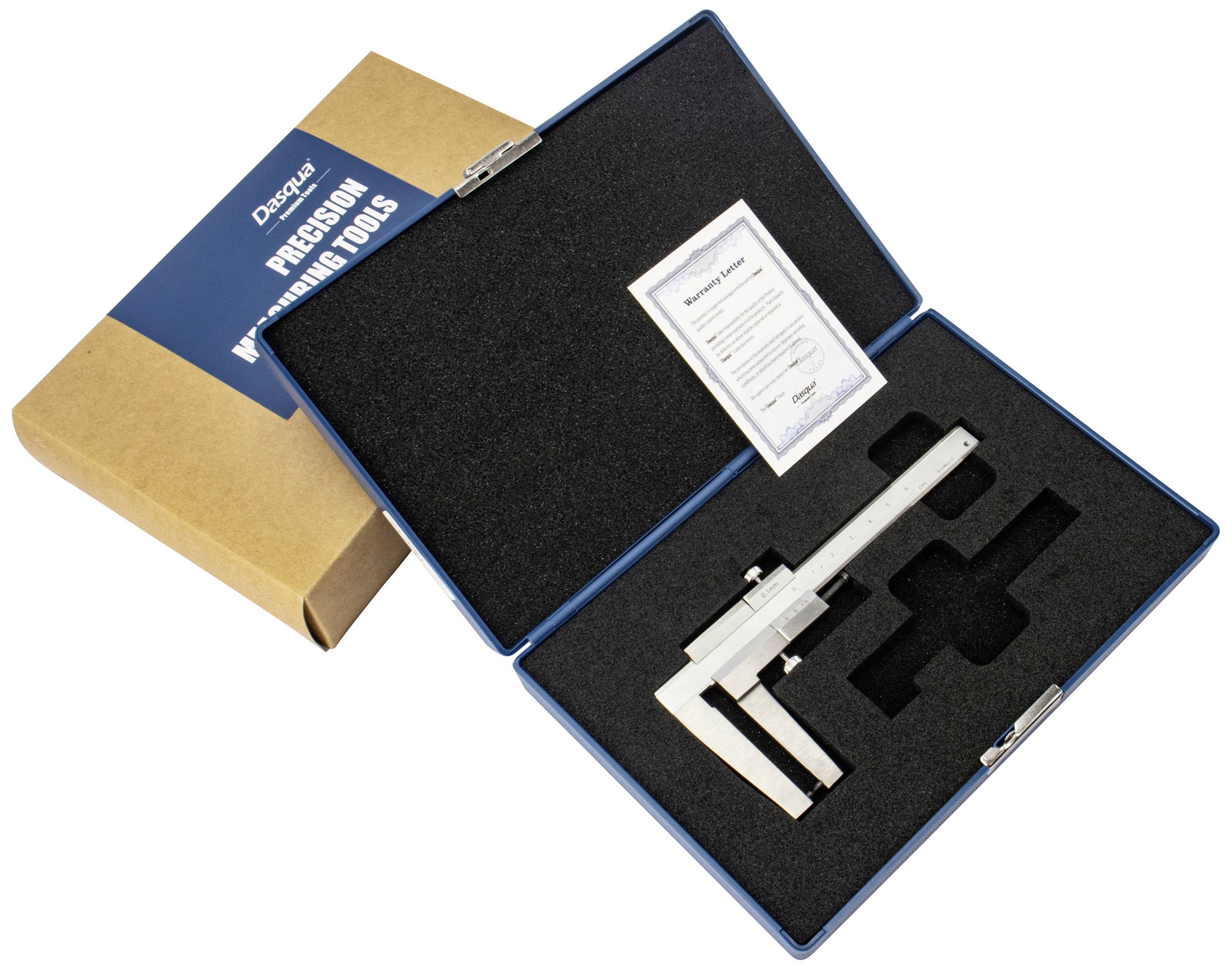 Otwarte pudełko z cyfrowym suwmiarką i certyfikatem, opakowanie z napisem 'Precyzyjne narzędzia pomiarowe'.