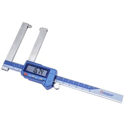 Cyfrowy suwmiarka wskazuje wartość pomiarową 16,74 mm. Urządzenie z niebieską obudową i srebrnymi ramionami pomiarowymi.