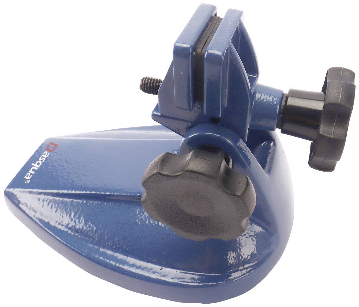 Niebieski, prosty uchwyt metalowy z czarną śrubą nastawczą do regulacji. Prawdopodobnie służy do mocowania mniejszych obiektów.