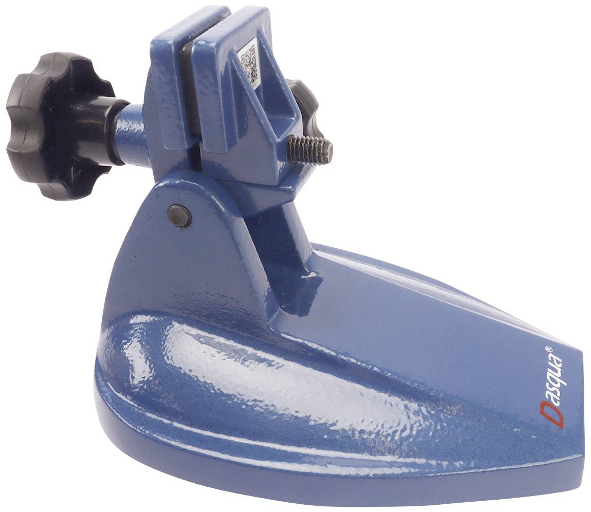 Niebieski uchwyt narzędziowy z pokrętłem i śrubą mocującą. Nadaje się do pewnego i stabilnego mocowania obiektów na powierzchni roboczej.