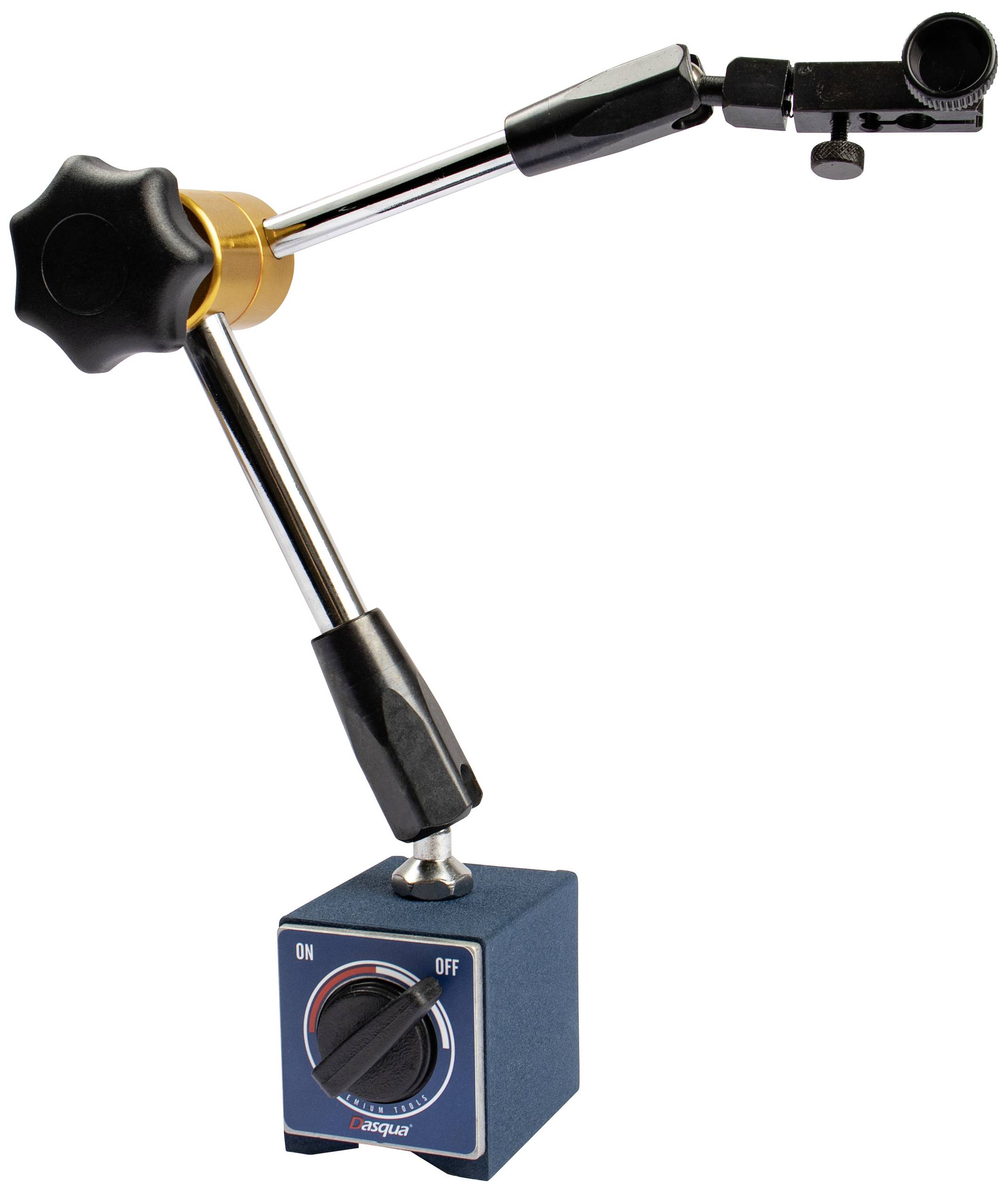 Magnetyczny stojak pomiarowy z ramionami przegubowymi i przełącznikiem obrotowym u podstawy, odpowiedni do mocowania przyrządów pomiarowych w obróbce metali.