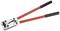 Szczypce z czerwonymi uchwytami, używane do zaciskania metalowych szyn.