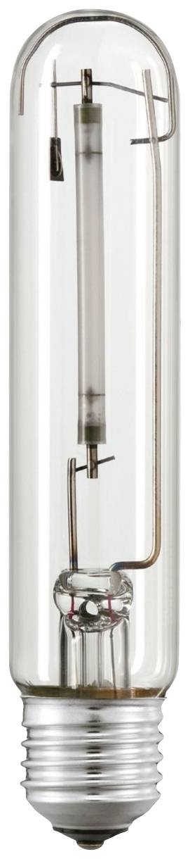 Przezroczysta, wydłużona lampa halogenowa z gwintem E27, z widocznymi włóknami i elektrodami.