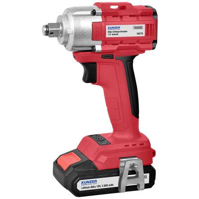 Profesjonalny wkrętak udarowy firmy Kunzer, czerwony z srebrną głowicą. Akumulator litowy: 18V, 2.000 mAh. Model 7ASS02, napęd 1/2 cala.