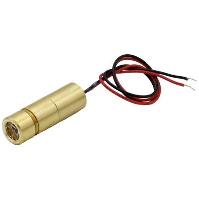 Mały złocisty laser z czerwonymi i czarnymi przewodami. Ma kształt cylindryczny i służy do celowania lub oznaczania w zastosowaniach elektronicznych.