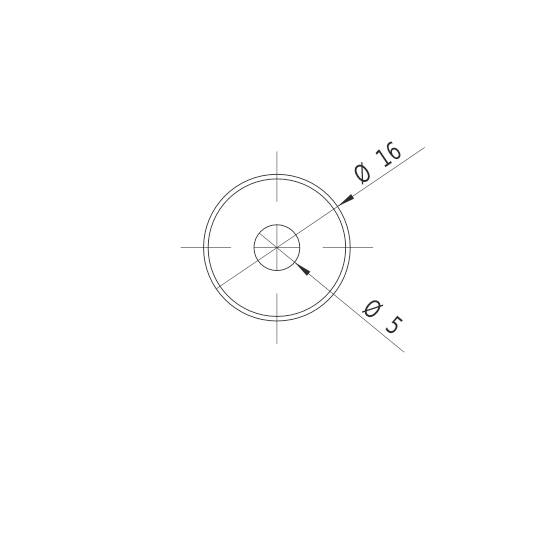 Rysunek techniczny tarczy z dwoma liniami wymiarowymi: średnica zewnętrzna 16 mm, średnica wewnętrzna 5 mm.