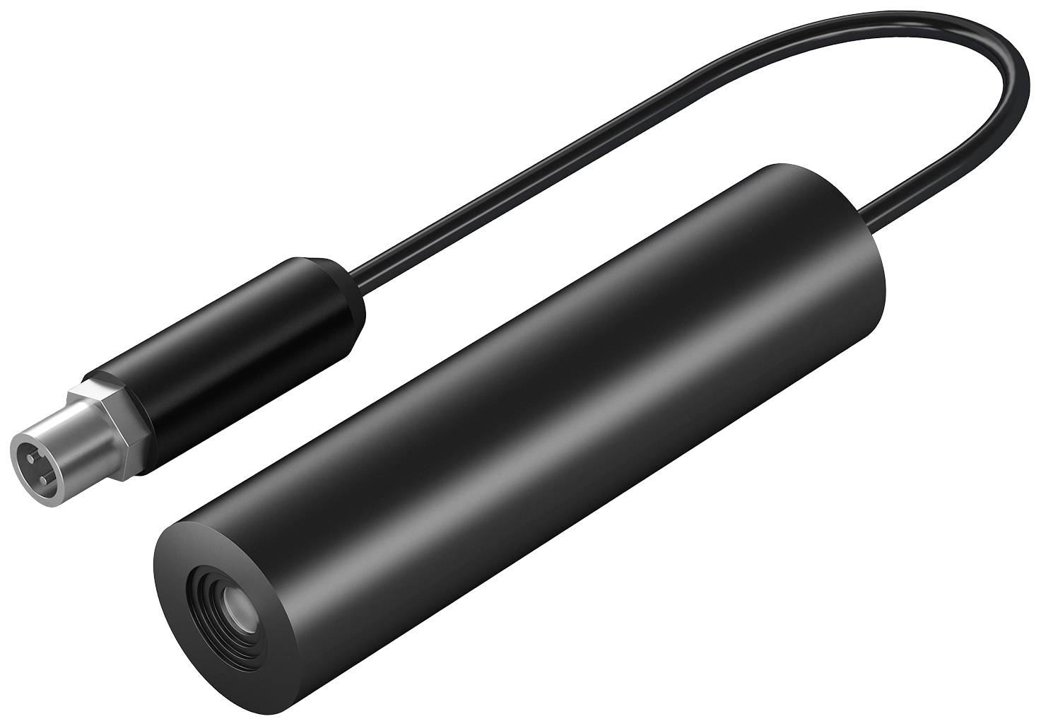 Czarny cylindryczny złącz z przewodem, przypominający adapter elektroniczny. Idealny do zastosowań technicznych lub elektrycznych.