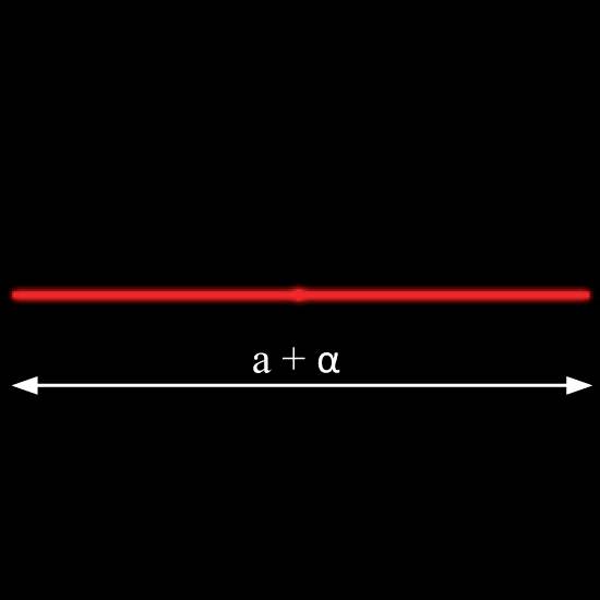 Prosta pozioma linia na czarnym tle. Poniżej białego napisu 'a + α' znajduje się strzałka wskazująca linię.