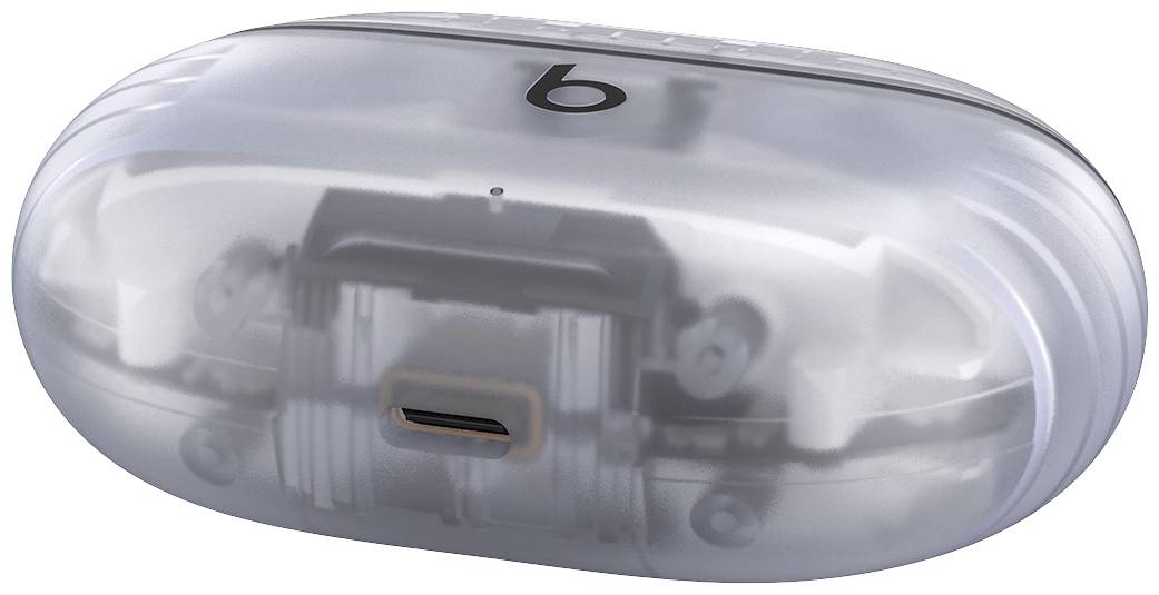Przezroczyste, owalne etui ładujące z czarną literą 'b' na wierzchu oraz złączem USB-C z przodu.