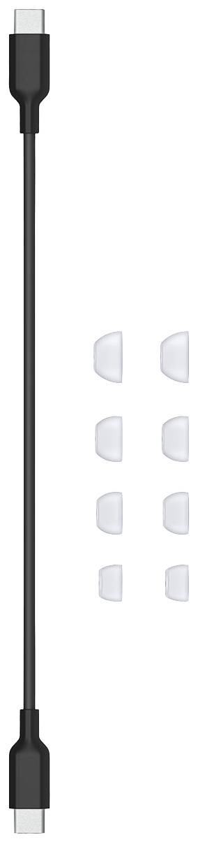 Czarny kabel USB-C jest ukazany pionowo, obok niego znajduje się sześć białych klipsów do przewodów rozmieszczonych w dwóch kolumnach.