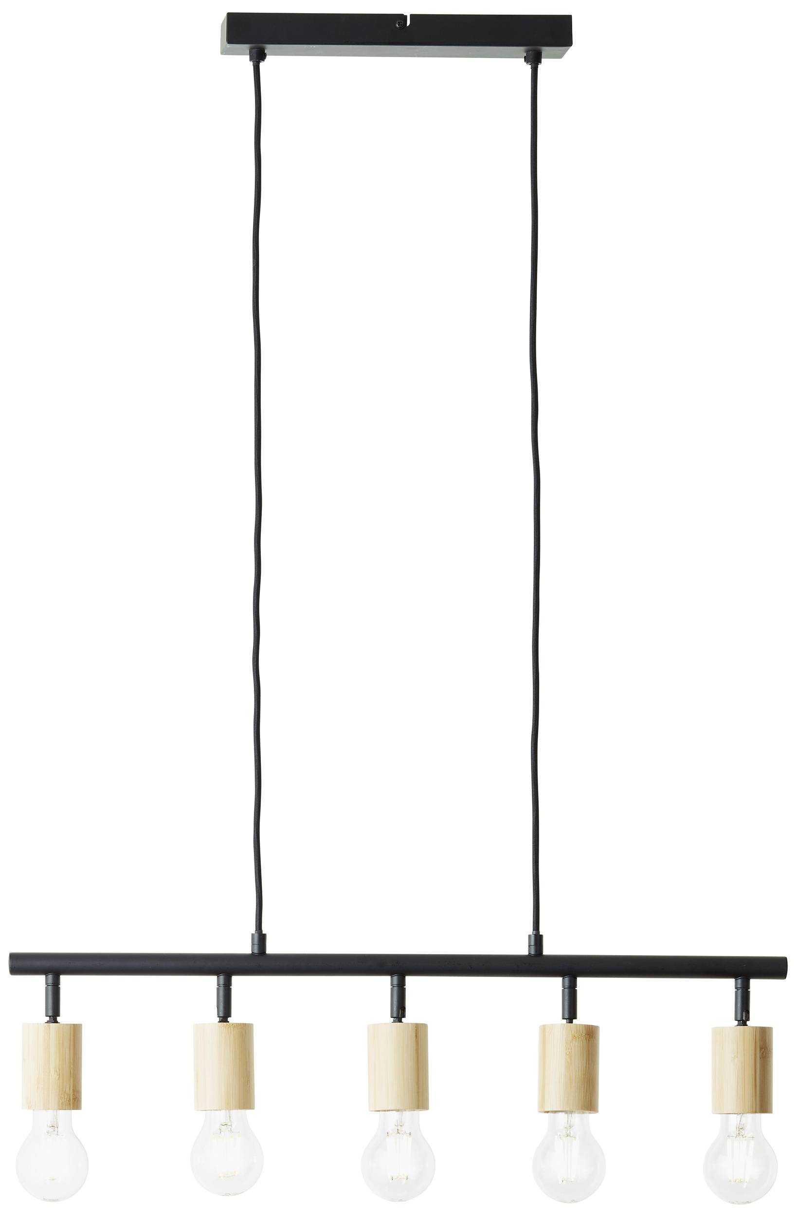 Lampa wisząca z pięcioma żarówkami, zawieszona na czarnym belce z elementami drewnianymi. Nowoczesny design, idealna do jadalni.
