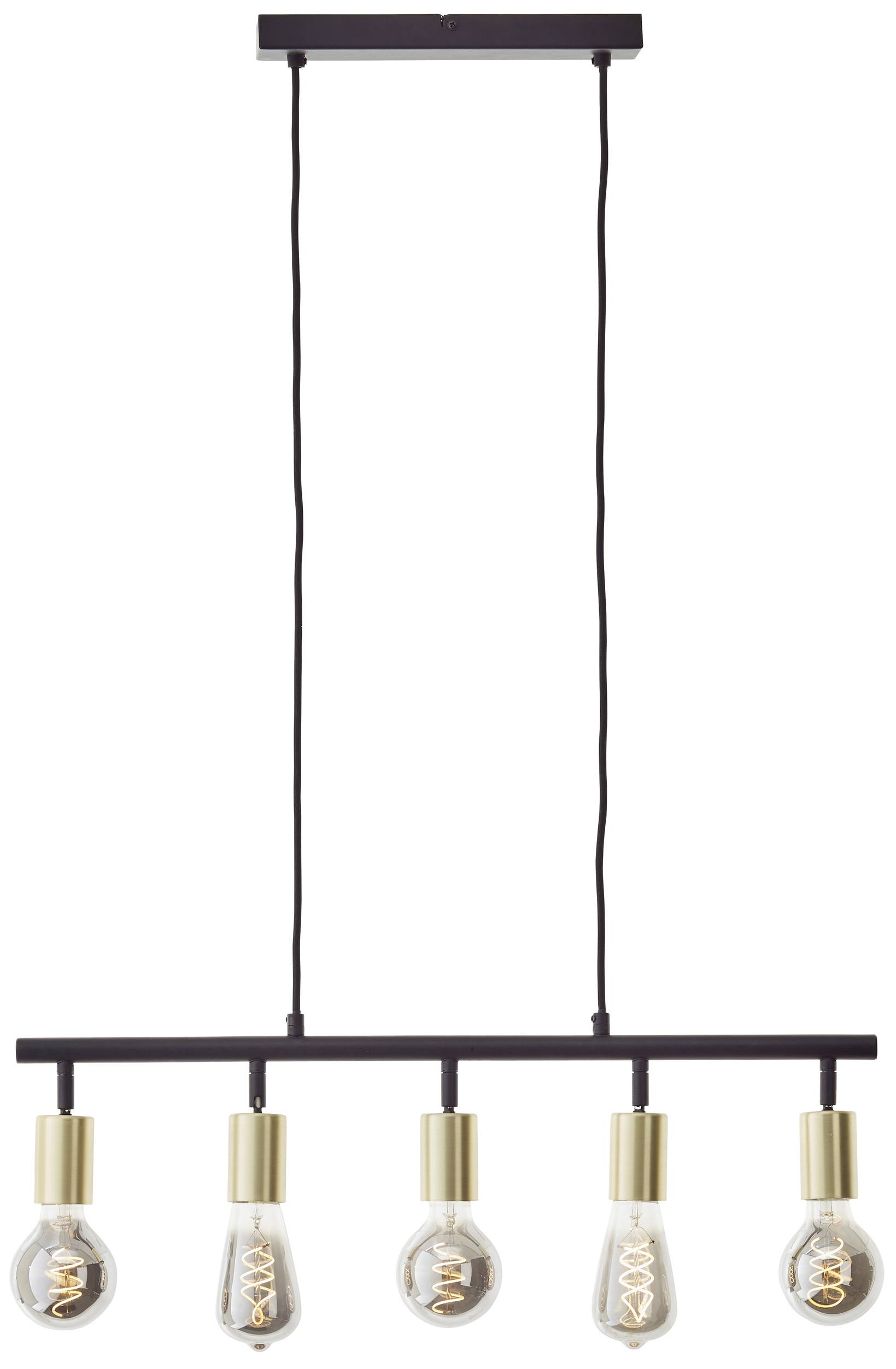 Lampa wisząca z pięcioma odkrytymi żarówkami zawieszona na czarnym, poziomym ramieniu, które jest podwieszone do sufitu na dwóch linkach.