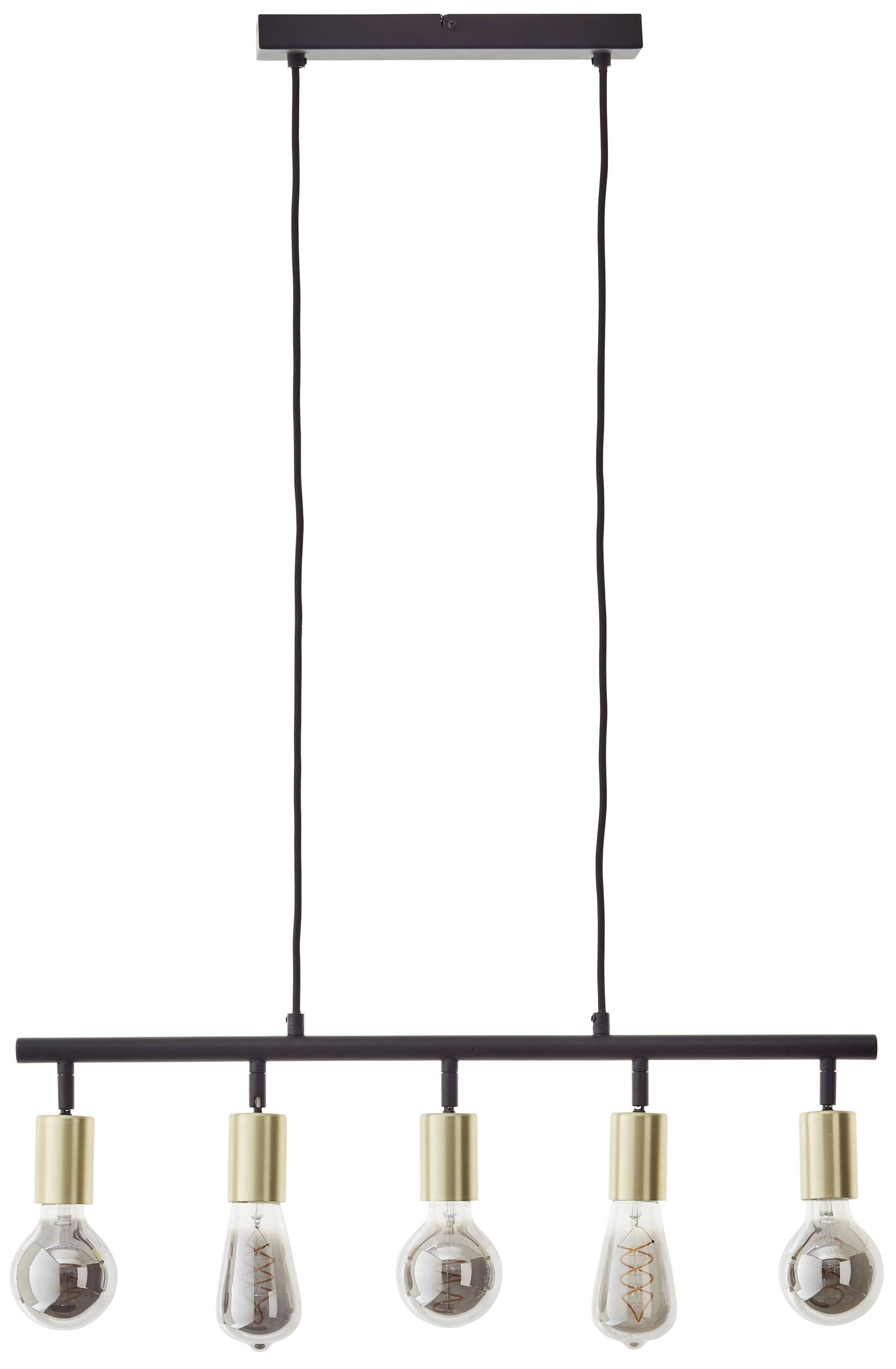 Czarna lampa wisząca z pięcioma swobodnie zawieszonymi żarówkami zamocowanymi na poziomej belce. Złote oprawki podkreślają designerski charakter lampy.