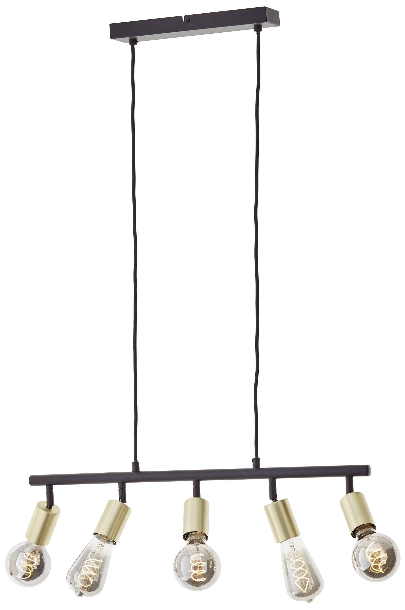 Lampa wisząca z pięcioma żarówkami, czarną belką i złotymi oprawkami. Nowoczesny styl, idealna do jadalni lub kuchni.