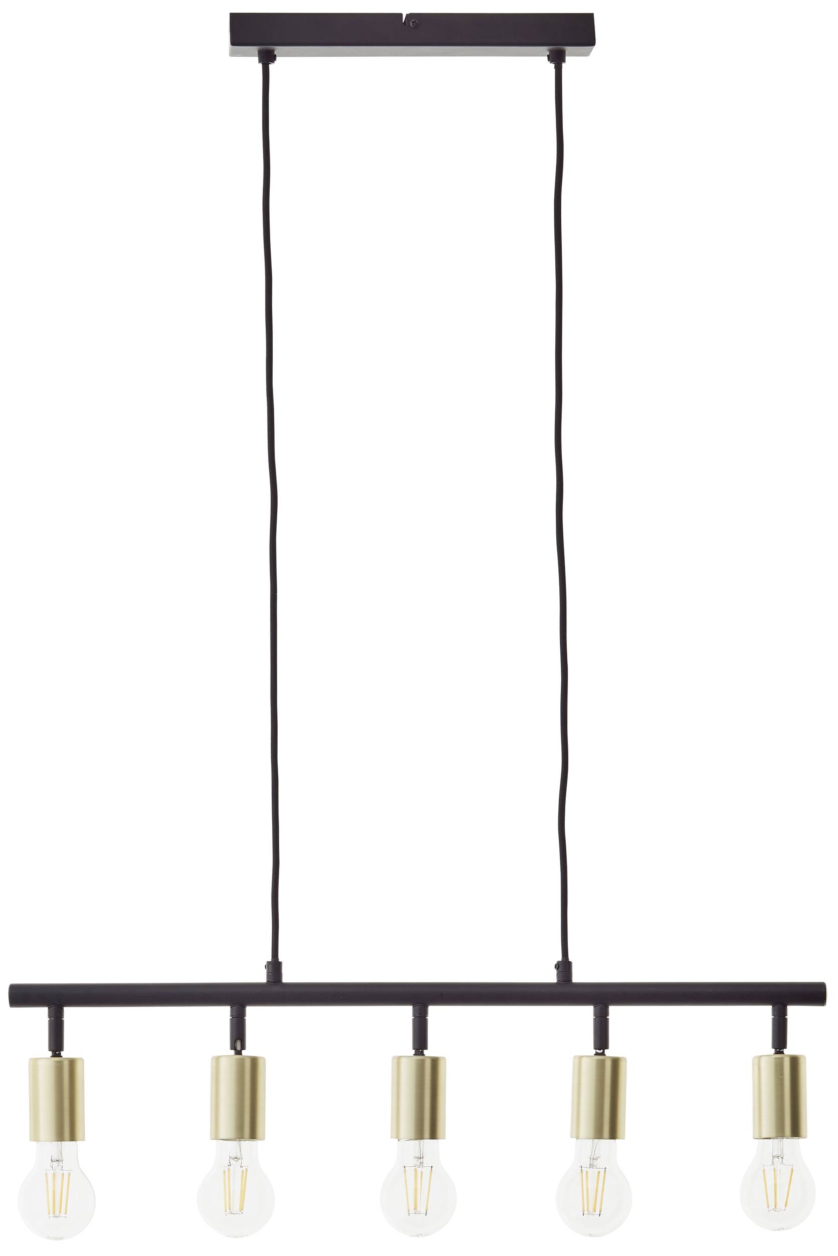 Lampa wisząca z pięcioma odkrytymi żarówkami ułożonymi w rzędzie, zamontowana na czarnej rurze z dwoma kablami. Idealna do nowoczesnych przestrzeni mieszkalnych.