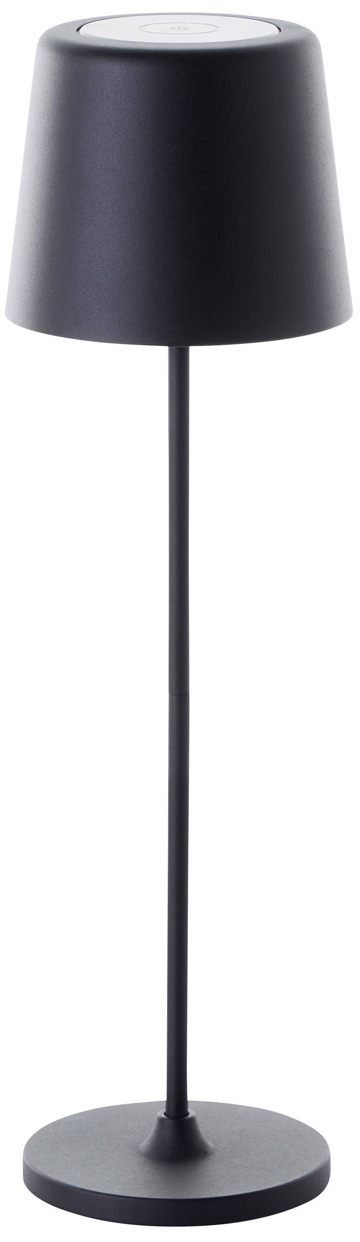 Czarna, prosta lampa stojąca z okrągłym kloszem i stabilną podstawą.